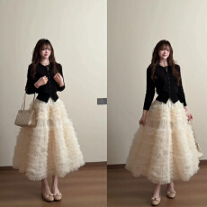 批发春秋新款高级感黑色修身针织衫毛衣蓬蓬蛋糕<b class='q'>裙</b>两件套