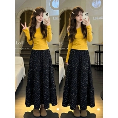 批发套装春秋季设计感露肩长袖T恤上衣高腰碎花半身<b class='q'>裙</b>女两件套