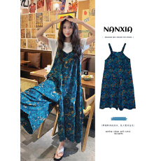 批发日韩简约蓝色印花<b class='q'>背带裤</b><b class='q'>女</b>夏2024新款韩版宽松垂坠感减龄阔腿<b class='q'>裤</b>