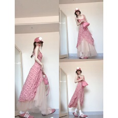 批发法式碎花吊带连衣<b class='q'>裙</b>女春季设计感小众收腰长<b class='q'>裙</b><b class='q'>半身裙</b>套装
