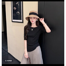 批发夏季百搭纯色细闪针织中袖上衣百褶半身<b class='q'>裙</b>套装