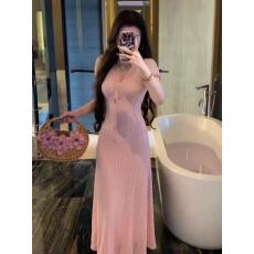 批发法式气质粉色短袖连衣<b class='q'>裙</b>女2026夏季新款修身显瘦性感包臀蕾丝长<b class='q'>裙</b>