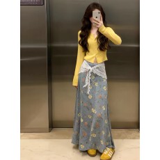 批发一整套ootd穿搭韩系小香风黄色<b class='q'>针织</b><b class='q'>开衫</b>蓝色印花半身裙套装女春季
