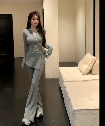 huihui 한 부서 캐주얼 바람 랩스커트팬츠 맨위 코디 부츠컷 바지 패션 세트 벨트 어깨 패드 l0508