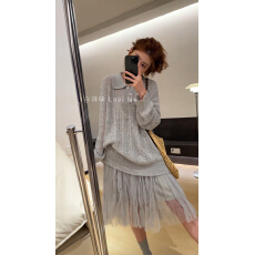 批发韩系慵懒风翻领百搭针织上衣+半身<b class='q'>裙</b>