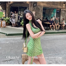 批发Okaaay伊甸园游记夏季法式复古度假风波点挂脖V领掐腰连衣<b class='q'>裙</b>