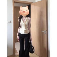 批发蕾丝拼接领口飘带慵懒感无袖挂脖背心弹力针织上衣