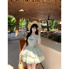 批发Blovelan青柠冰椰 小清新蕾丝泡泡袖提花收腰少女公主蓬蓬连衣<b class='q'>裙</b>