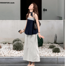 批发韩系轻职风穿搭撞色条纹拼接吊带背心女夏季高腰显瘦半身<b class='q'>裙</b>两件套