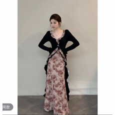 批发颂宋春夏新款设计感不规则拼色开叉长<b class='q'>裙</b><b class='q'>假两件</b>长袖连衣<b class='q'>裙</b>