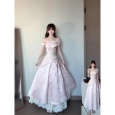 批发法式连衣<b class='q'>裙</b>女重工提花一字肩订婚礼服成人礼party轻礼<b class='q'>裙</b>生日<b class='q'>裙</b>子