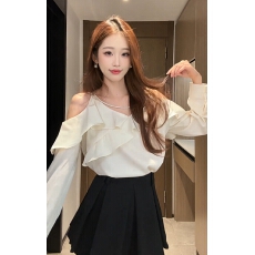 批发温柔风洋气甜美百搭长袖露肩珍珠拼接荷叶边衬衫半身<b class='q'>裙</b>两件套装女