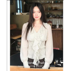 批发韩系<b class='q'>波点</b>长袖雪纺衫女早春穿搭飘带v领t恤收腰显瘦纯欲风辣妹上衣