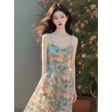 批发女装2026新款夏款茶歇法式别致绝美慵懒度假风碎花吊带连衣<b class='q'>裙</b>子女