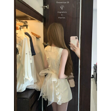 批发迟伞伞26/ss 初夏耳语 jory*后背系纱白色无袖背心<b class='q'>裙</b>气质收腰短<b class='q'>裙</b>