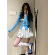 批发绝美开春套装一整套小个子穿搭假两件针织开衫花苞半身裤<b class='q'>裙</b>两件套