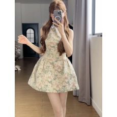 批发RECIT 玫瑰油画衬衫领无袖连衣<b class='q'>裙</b>女春夏千金风蓬蓬修身收腰背心<b class='q'>裙</b>