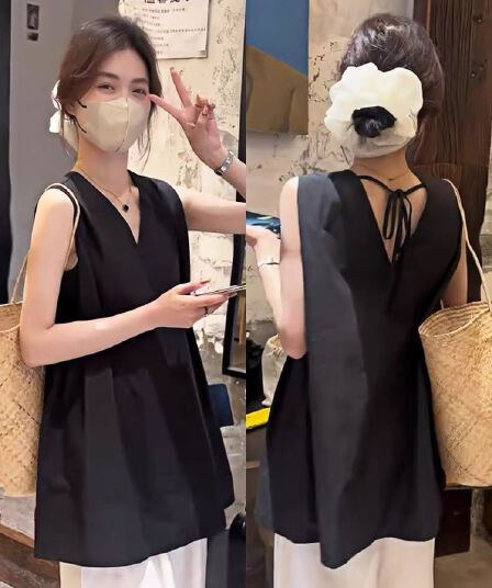 오래된 돈 바람 검정색 백리스 V넥 캐미솔 여름 외출용 단색 민소매 셔츠 오프숄더 인형 셔츠 맨위