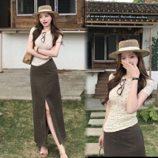 批发韩系优雅修身开叉高腰直筒半身<b class='q'>裙</b>波点T套装