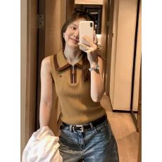 批发法式复古撞色POLO领无袖针织背心女修身显瘦高级感上衣