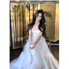 批发从一时刻冰涧高级感网纱钉珠白色无袖连衣<b class='q'>裙</b>or气质套装双版本