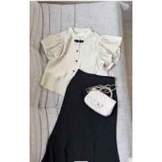 批发独特别致立领短袖衬衫女夏款新款衬衣女款小飞袖上衣女套装