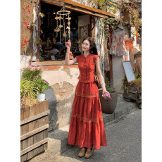 批发红色小飞袖短款上衣蕾丝长<b class='q'>裙</b><b class='q'>半身裙</b>