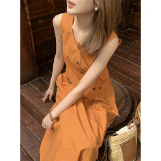 批发心想事橙小个子橘色连衣<b class='q'>裙</b>中长款春夏无袖背心<b class='q'>裙</b>子