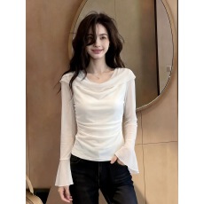 批发高级感chic别致气质百搭时尚白色<b class='q'>网纱</b>拼接长袖<b class='q'>上衣</b>女夏季新款