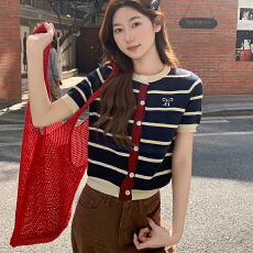 批发韩系撞色<b class='q'>条纹</b>短袖<b class='q'>针织</b>衫女早春新款修身显瘦气质<b class='q'>开衫</b>上衣