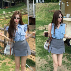 批发米娜家甜心轰炸机泡菜订制苎麻蓝色<b class='q'>衬衣</b>半裙