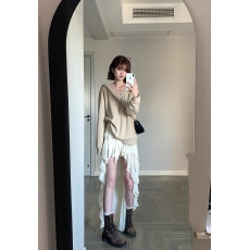 批发蝴蝶结拼接V领<b class='q'>卫衣</b>秋松紧腰半身裙荷叶边半身裙两件套