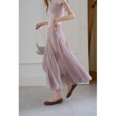 批发夏季韩系甜美粉格子半身裙女高腰气质显瘦遮跨a字中长裙