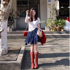 批发蓝白波点半身裙女法式复古气质不规则短裙