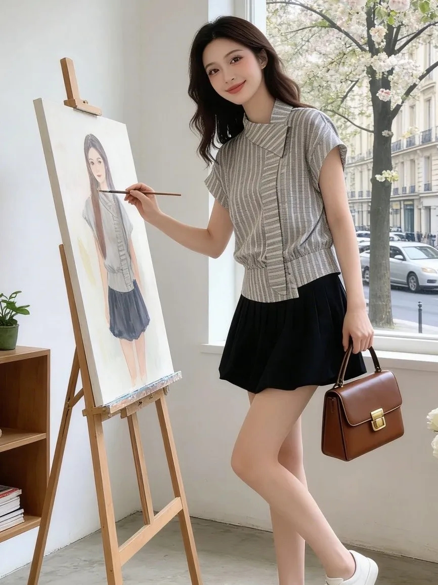 한 부서 아름다운 세트 여성 여름 새로운 품격 스트라이프 반팔 셔츠 꽃밭 반신 스커트 투피스 세트 자이언트 잘 생긴