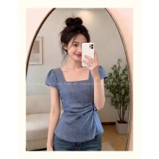 批发蓝色<b class='q'>不规则</b>方领波点衬衫女夏季新款微胖大码女装收腰显瘦气质上衣