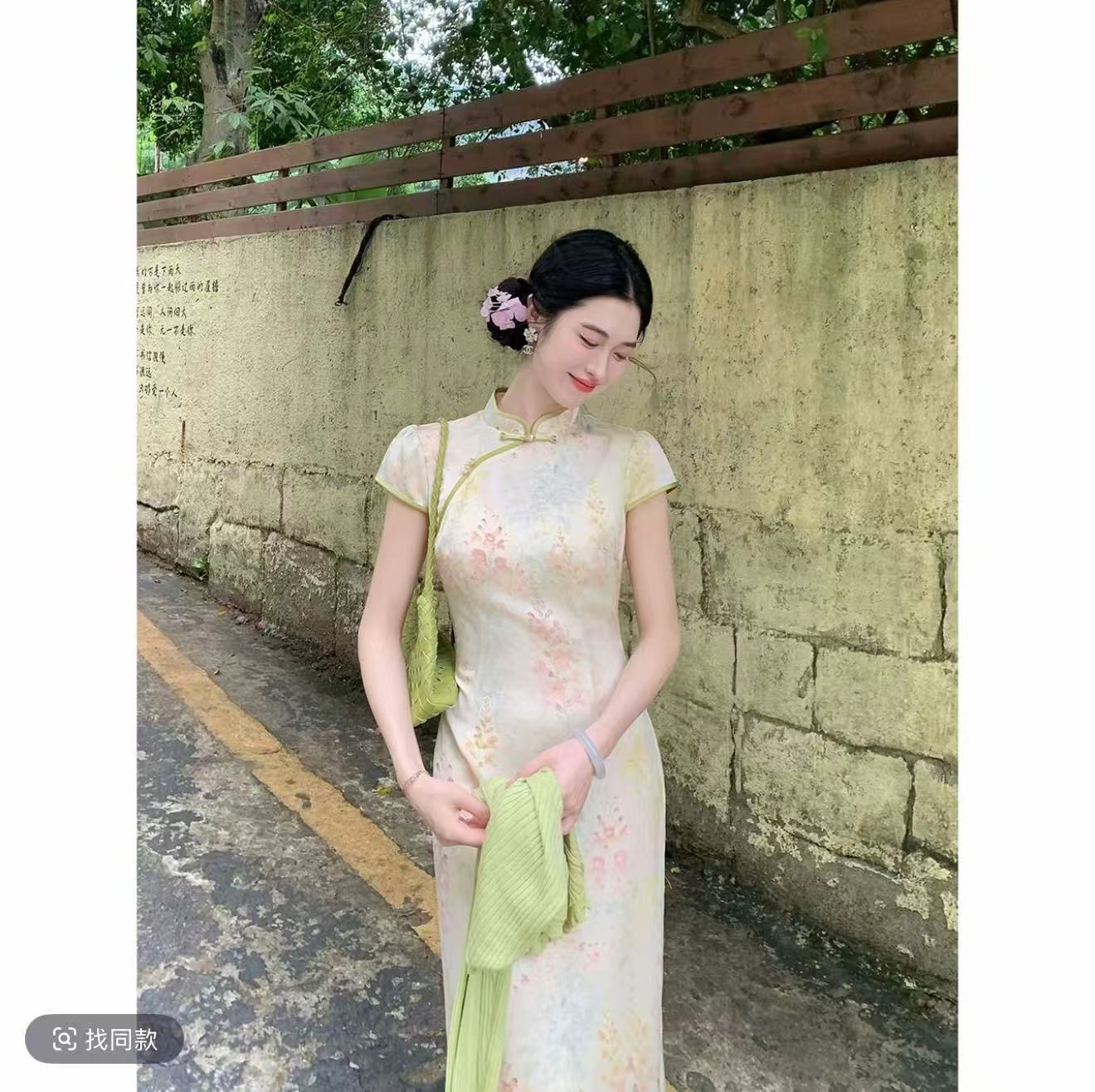 링 茜 거만한 와우 포인트 녹색 요금 국풍 새로운 중식 양면 공단 프린트 드레스 품격 레트로 개선 치파오 드레스