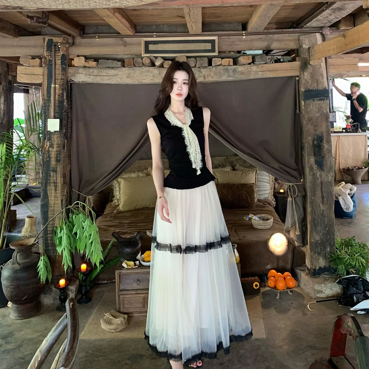 무쯔리 목자이 ~ 중 리 나무 하우스 블랙 조정 여름 민소매 허리 수축 맨위 프랑스식 부드러운 바람 리본 디자인 센스 조끼 세트