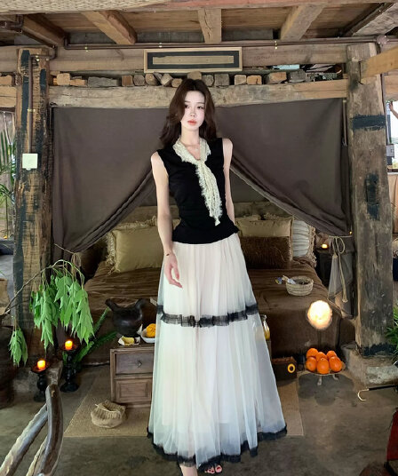 무쯔리 목자이 ~ 중 리 나무 하우스 블랙 조정 여름 민소매 허리 수축 맨위 프랑스식 부드러운 바람 리본 디자인 센스 조끼 세트