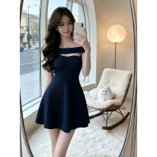批发斜领半边吊带两穿针织<b class='q'>连衣裙</b>显瘦仙女短裙
