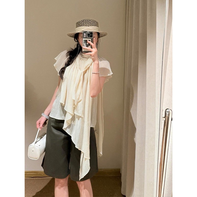 한 부서 캐주얼 바람이 아닙니다. 규칙 리본 반팔 셔츠 하이웨이스트 슬림해 보이는 넓은 다리가 짧다. 바지 세트