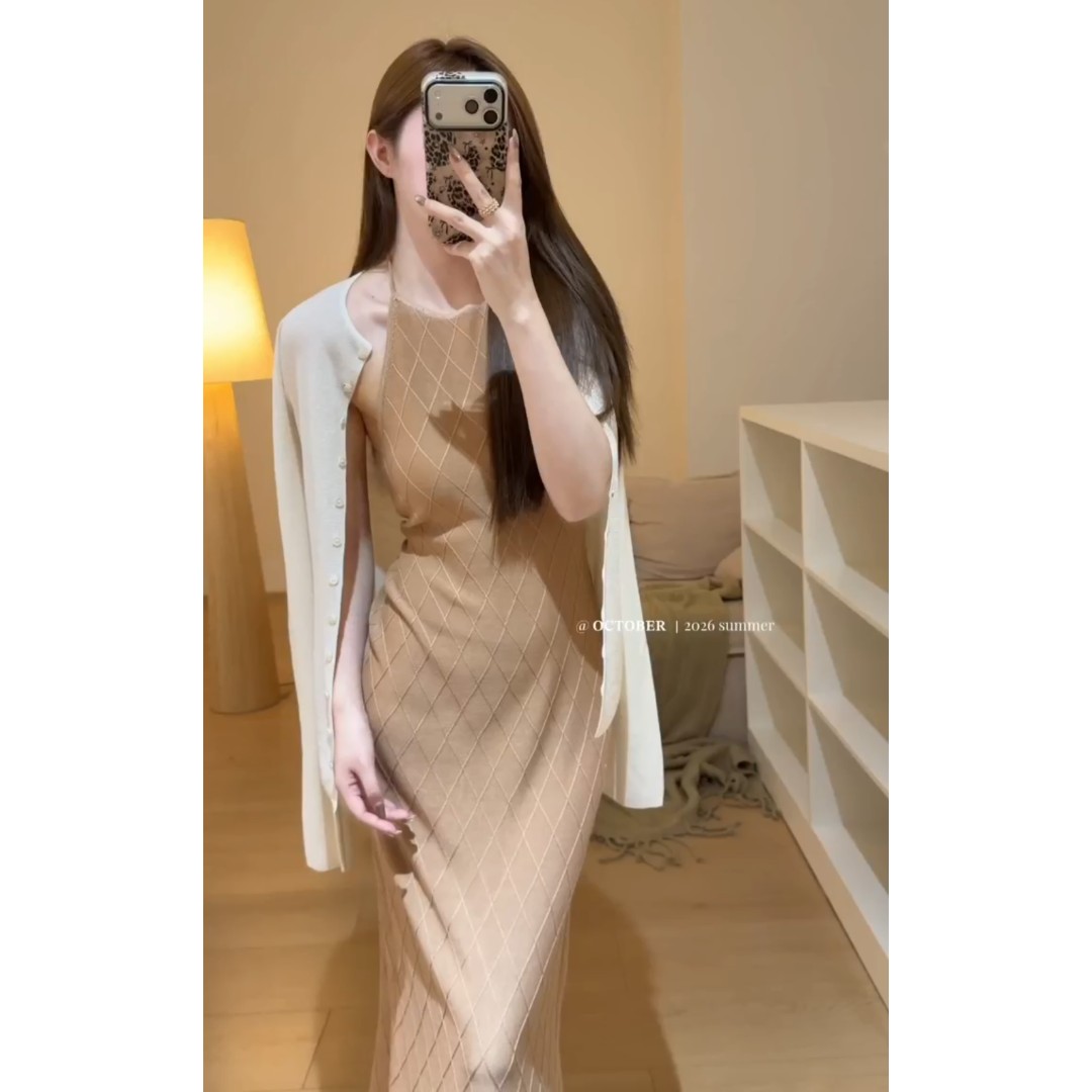 프랑스식 빛 요리 한 바람 다이아몬드 모양 그리드 행침 목 슬립 드레스 외부 가져 가라. 긴팔 니트 오픈 가디건 세트