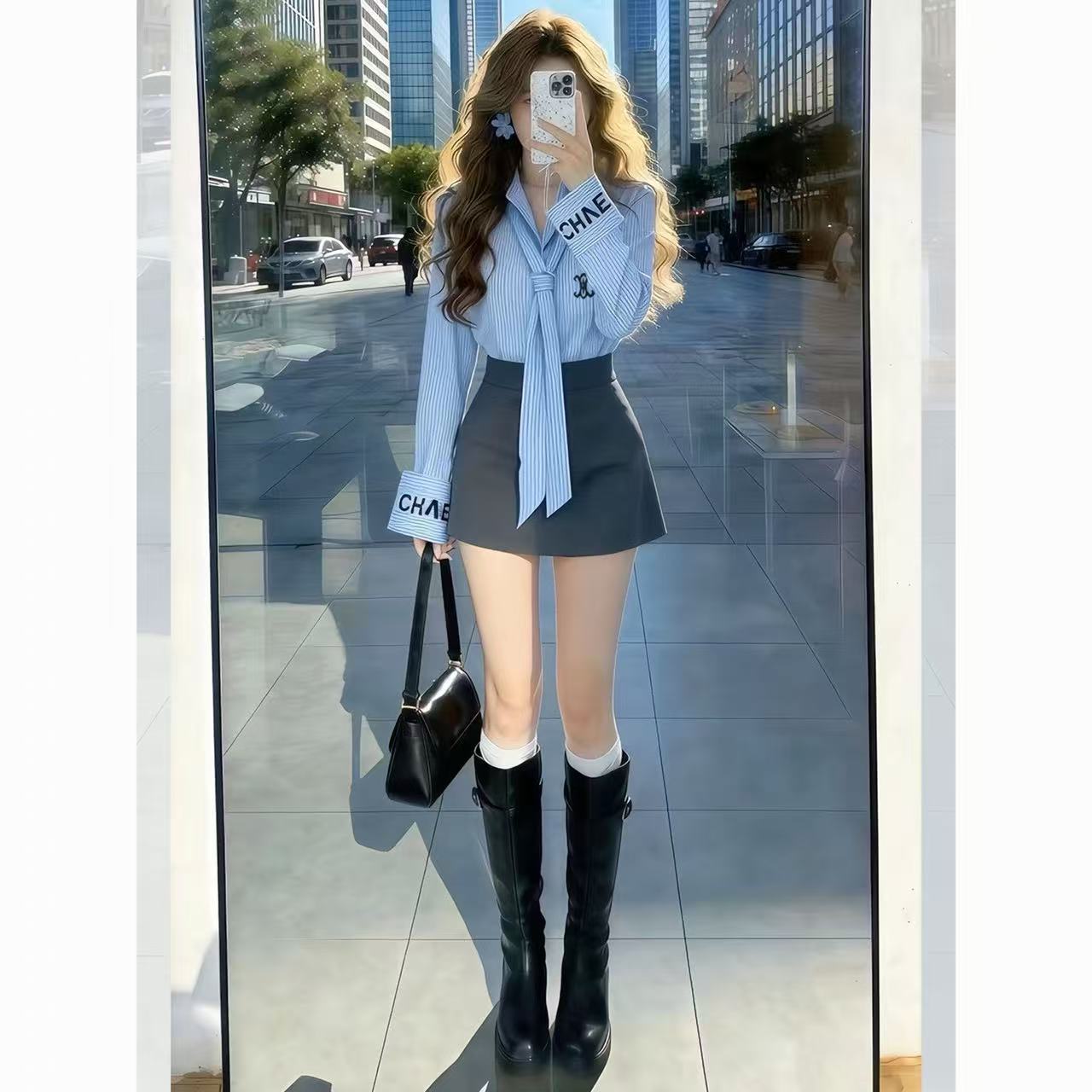 한 부서 직장 캐주얼 스타일 세트 여성 스트라이프 셔츠 미니 스커트 투피스 세트