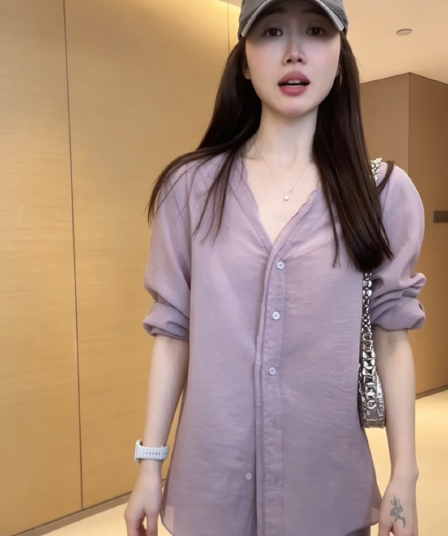 한 부서 미니멀리즘 여름 신제품 이중층 레이스 V넥 마이크로 ~을 통해 자외선 차단 루즈핏 셔츠