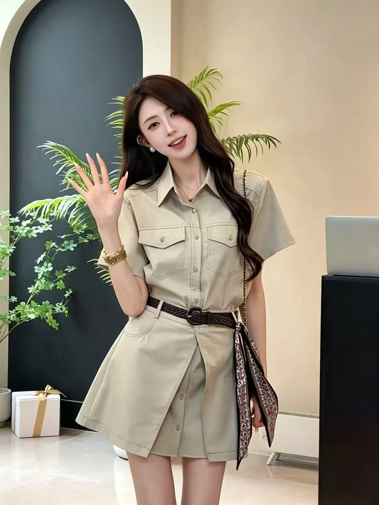 슈퍼 화재 인기 워크웨어 셔츠 점프 슈트 치마 세트 여성 여름 한 부서 작은 키 랩스커트팬츠 반신 스커트 투피스 세트 트렌디