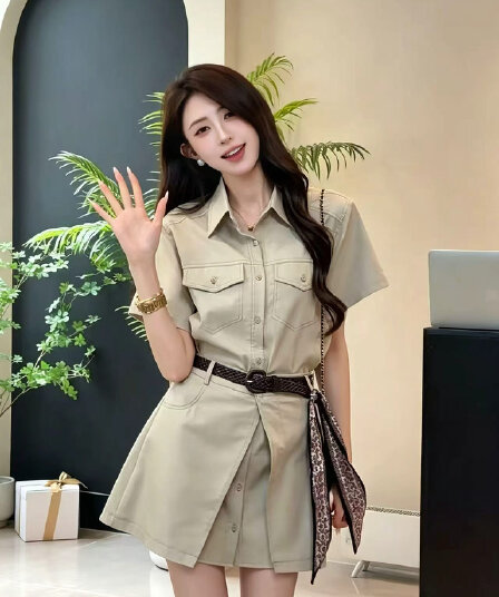 슈퍼 화재 인기 워크웨어 셔츠 점프 슈트 치마 세트 여성 여름 한 부서 작은 키 랩스커트팬츠 반신 스커트 투피스 세트 트렌디