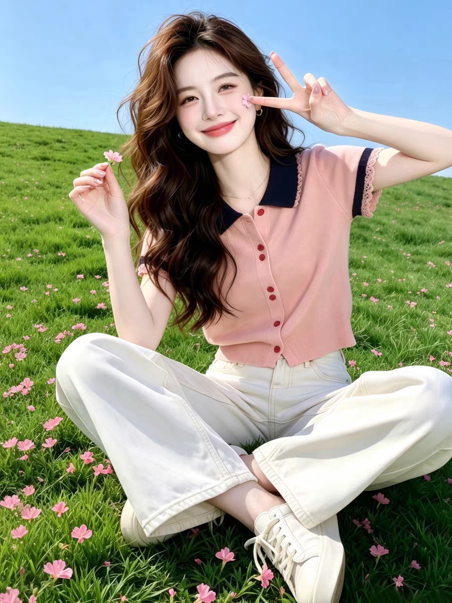 2026 새로운 여름 해변가 도파민 맨위 POLO 칼라 단추 레이스 싱글 줄 버튼 핑크색 반팔 티셔츠 여성