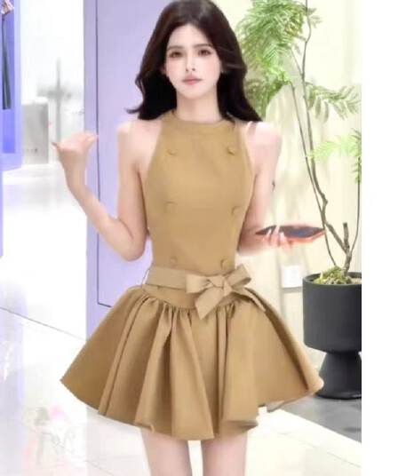 부드러운 안개 카키 민소매 몸매 가꾸기 허리 플리츠 드레스