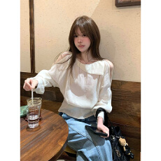 批发法式少女风露肩长袖<b class='q'>衬衫</b>女夏季高级感白色宽松气质上衣
