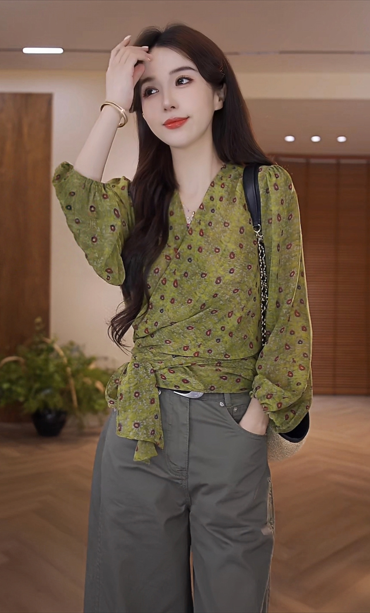 boxue 치자 나무 녹색 고급 센스 꽃무늬 스트랩 소포 오픈 가디건